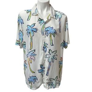 Denim & Flower Ricky Singh men's palm tree print shirt white colorful Size Large